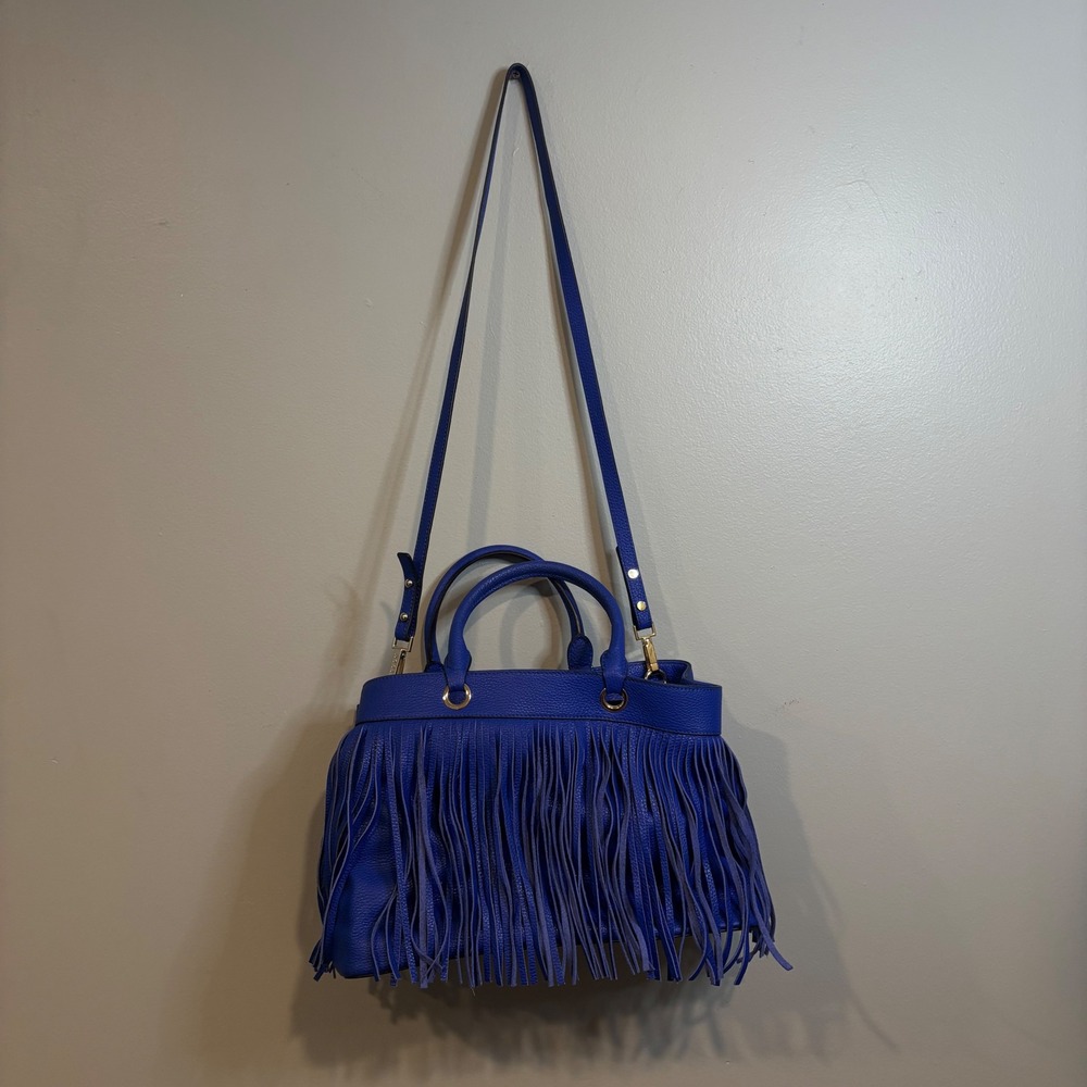 Milly Leather Fringe Purse Cobalt Blue Satchel Crossbody Bag Western boho